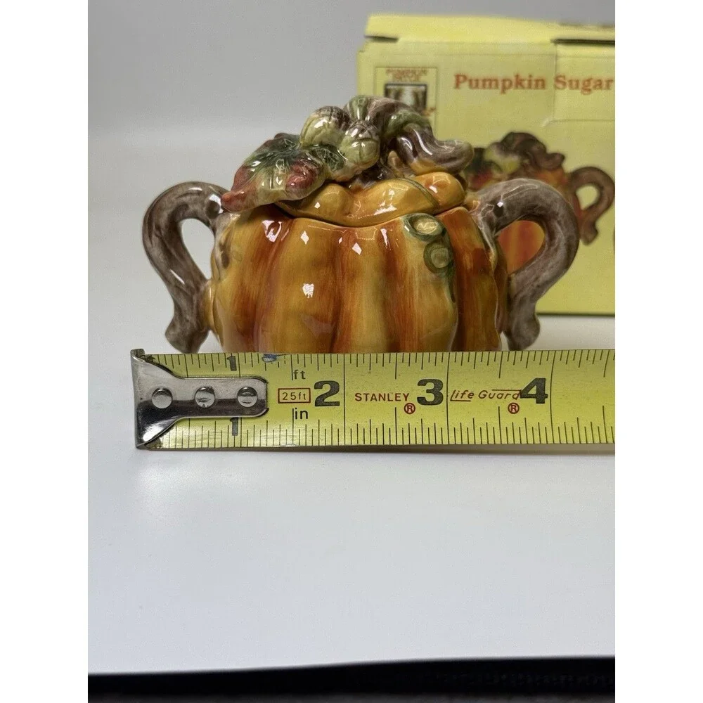 Vintage Ceramic Pumpkin Patch Sugar Bowl Creamer Set Fall Harvest 1990s